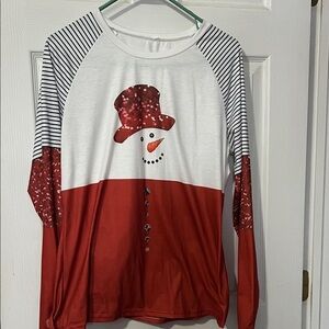 SHEIN Red & White Snowman Long Sleeve Fitted Tee NWOT